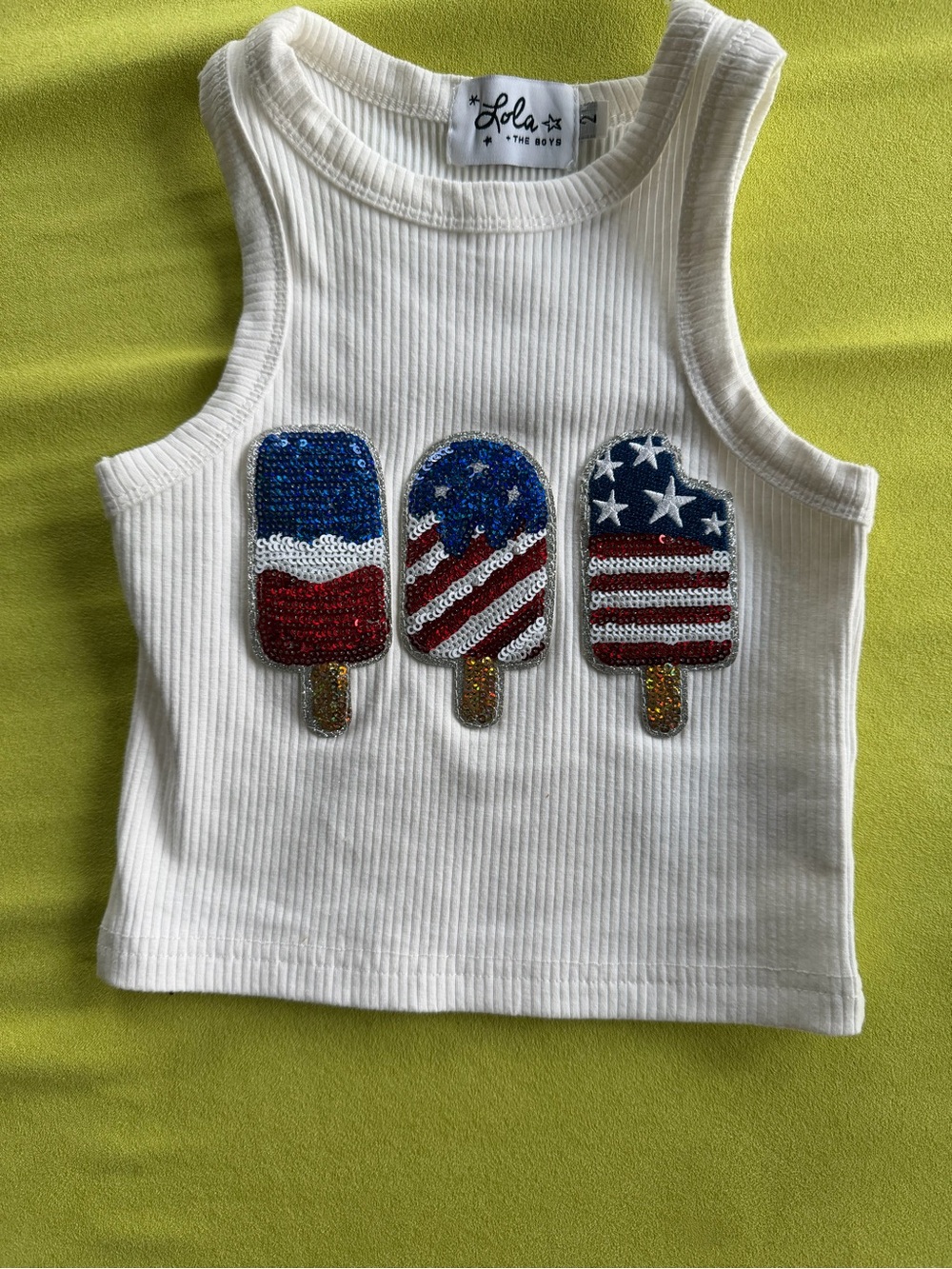 Lola + The Boys White Ribbed Tank with Sequin Patriotic Popsicles